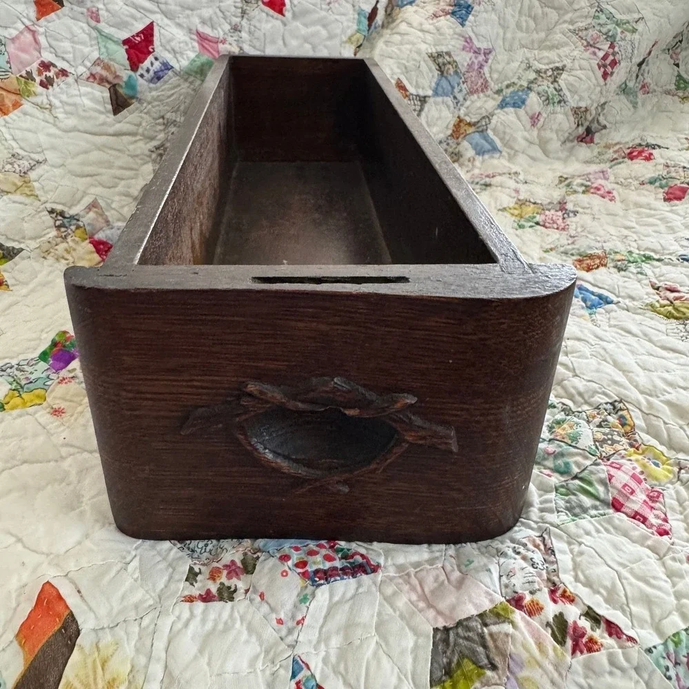 Antique Hand Carved Primitive Wood Drawer Storage Box Rustic Branch Handle 16in